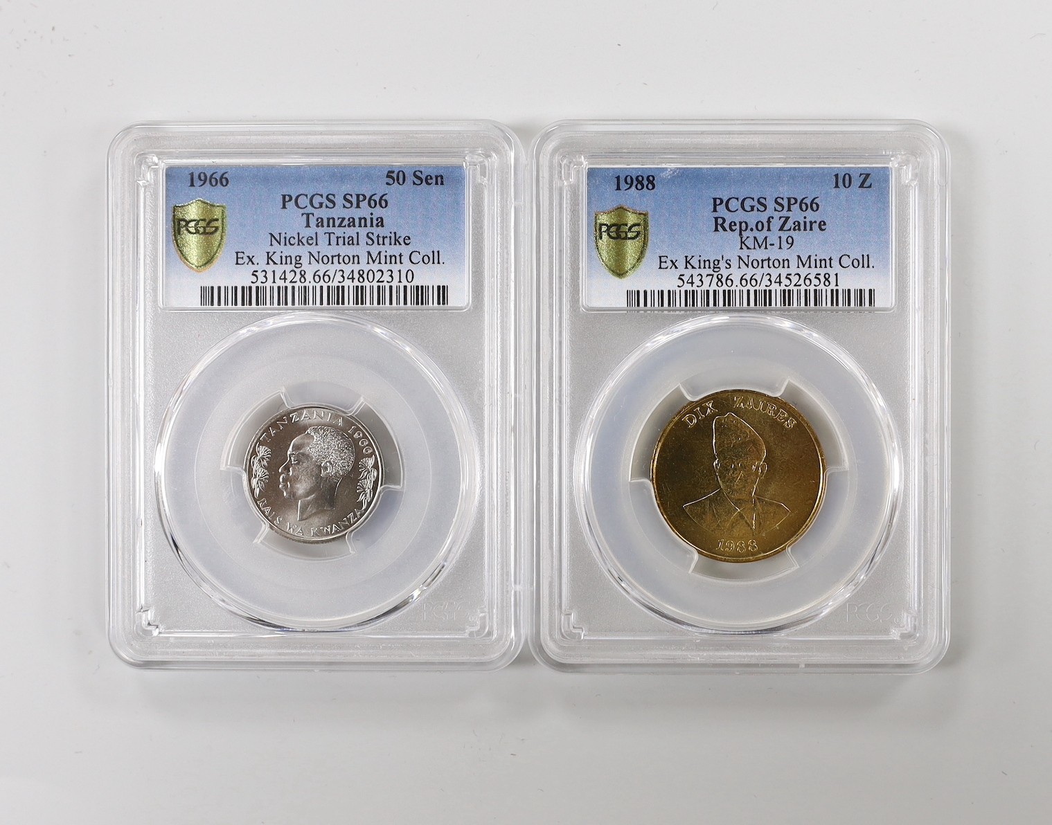 Ex. King’s Norton mint collection specimen coins - Tanzania 50 sen nickel trial strike 1966, PCGS slabbed and graded SP66 and Republic of Zaire, 10 Zaires 1988, PCGS slabbed and graded SP66 (2)